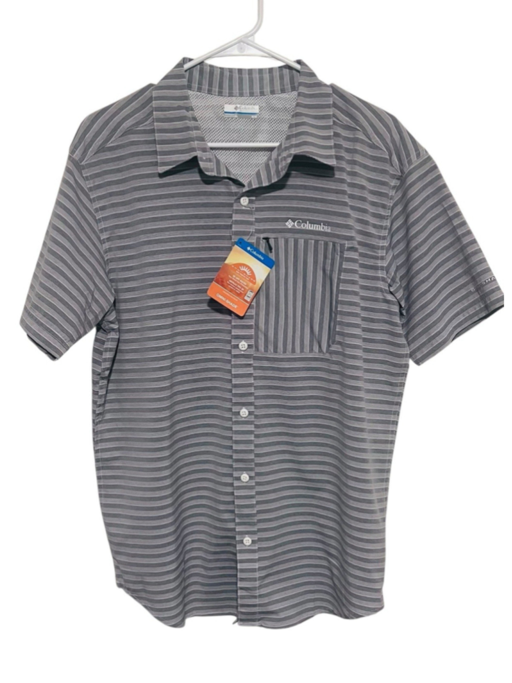 NWT Columbia Omni-Shade Shirt Men’s Medium Gray White Striped Vented Fishing